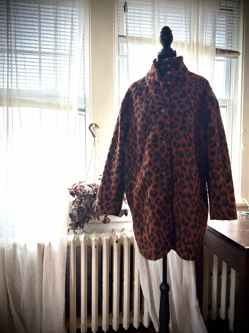 Marine Layer Leopard Funnel Neck Cocoon Coat - Picture 1 of 16